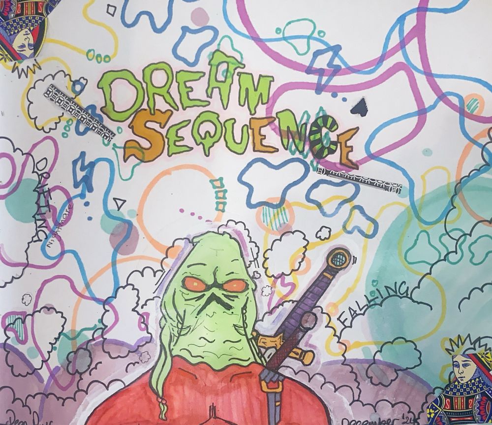 Grinch-esque warrior standing in front of a jumbled, dream-like background. Rough doodle.