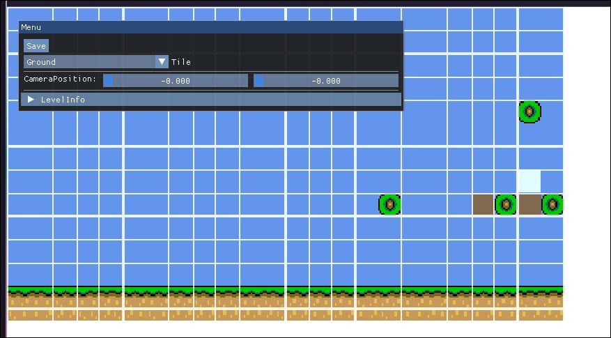 Screenshot of a blank web page with a grid of tiles somewhat resembling 1-1 from the first Mario game but with the assets of Super Mario World. There is also an ImGui widget with a save button, tile selector, camera position, and closed "Level Info" tab.
