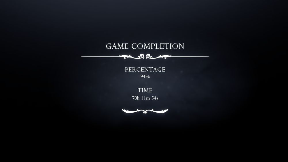 Screenshot of Hollow Knight: Silksong showing a menu that reads GAME COMPLETION. The menu also says that the game is 94% complete, and it took 70h 11m 54s