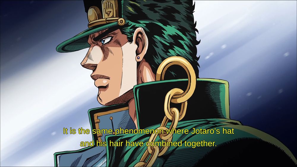 Screenshot of the anime Witch Watch. On screen is Jotaro Kujo from Jojo's Bizarre Adventure. Someone off screen is saying "It is the same phenomenon where Jotaro's hat and his hair have combined together."