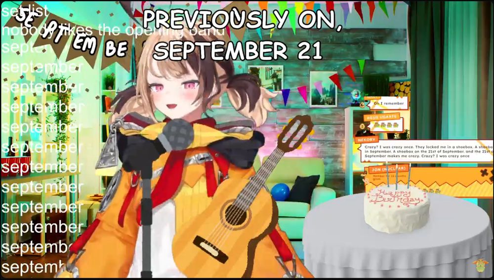 Screenshot of a youtube livestream from Gigi Murin of Hololive English Justice. She is in a room filled with party decorations and the word "september" is pasted several times on the left of the screen. Gigi herself has a clip art microphone and guitar pasted on her model, and the top of the screen reads "PREVIOUSLY ON, SEPTEMBER 21"