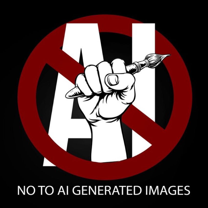 Roter runder Kreis mit Strich durch (und Faust mit Pinsel):
No to AI generated images