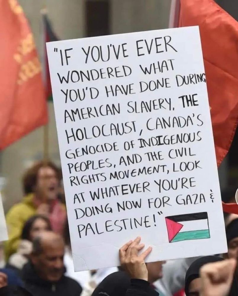 Jemand hält Demo-Schild hoch: „if you ever wondered what you’d have done during American slavery, the holocaust, Canada’s genocide of indigenous peoples, and the civil rights movement, look at whatever you’re doing now for Gaza & Palestine!“