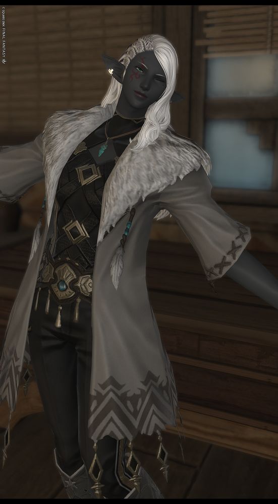 Iso showing off her new look for patch 7.3, soft cozy jacket over leather chest armor, with extra protection for a certain burgeoning development. (She's expecting ok? Haurchefant is over the moon and having kittens all at once.)