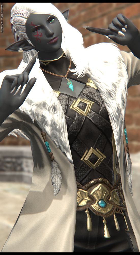 Iso showing off her new look for patch 7.3, soft cozy jacket over leather chest armor, with extra protection for a certain burgeoning development. (She's expecting ok? Haurchefant is over the moon and having kittens all at once.)