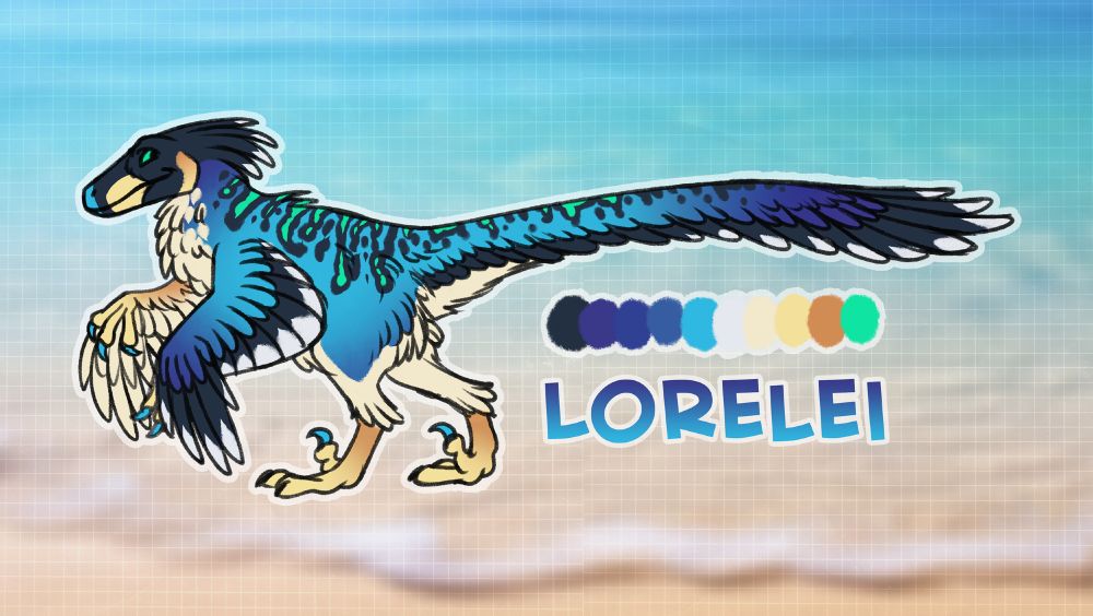 Reference sheet of my raptorsona Lorelei. Based mostly on utahraptors and deinonychus, she's a blue raptor with a black head and black feathers on her arms and tail, with a pale yellowish underbelly and legs, and vibrant green stripes with a dark outline across her back and tail.