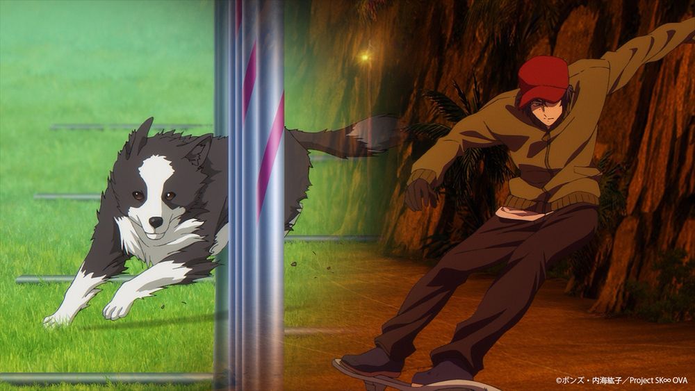 Screenshot from the SK8 The Infinity OVA called "Extra Part". The image shows Tadashi skating as Snake on the right, with his distinct skating style being compared to a Border Collie completing weave poles in an agility contest on the left.