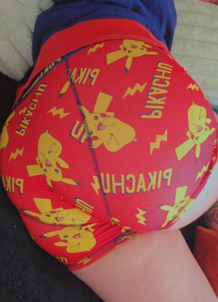An ass pic where im wearing tight red boxers with Pikachu, lightning bolts, and the word "Pikachu" all over them