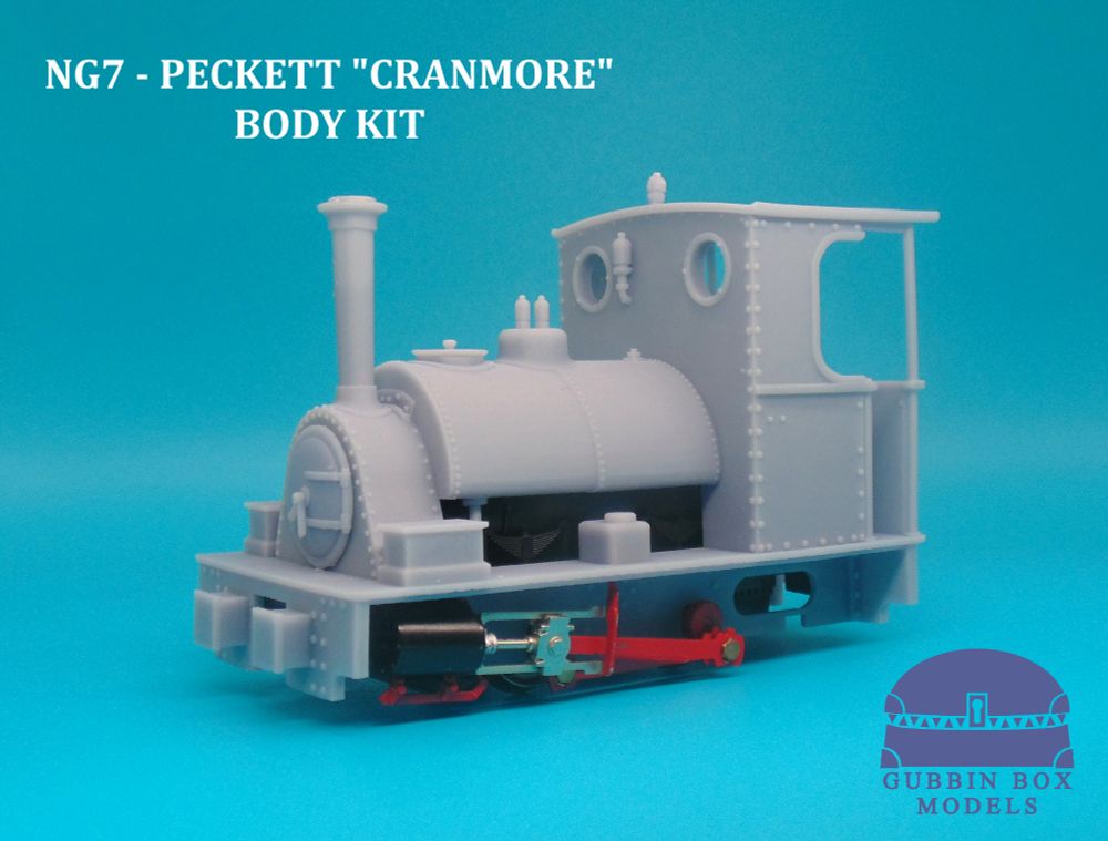 A Peckett "Cranmore" Class, running on the NG7 Bachmann Quarry Hunslet chassis. Comes with an optional back plate for the cab.