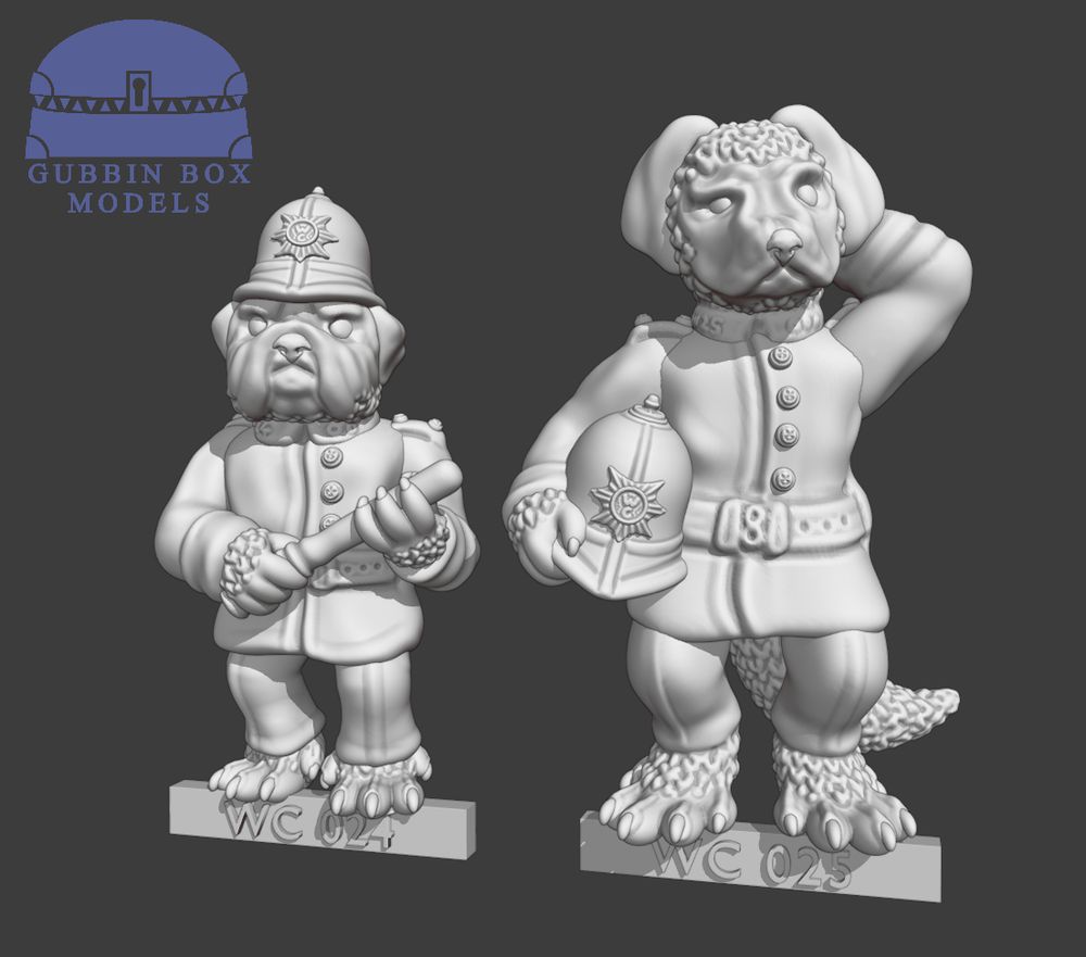 3D sculpted anthropomorphic animal figures in 1910s Constable attire, one Bulldog and the other a Labrador. Soon to be added to our Willowmere County range!