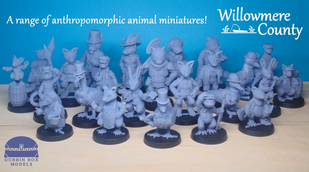 A group shot of all 20+ animal folk miniatures I've sculpted so far, printed in resin and with slotter bases.