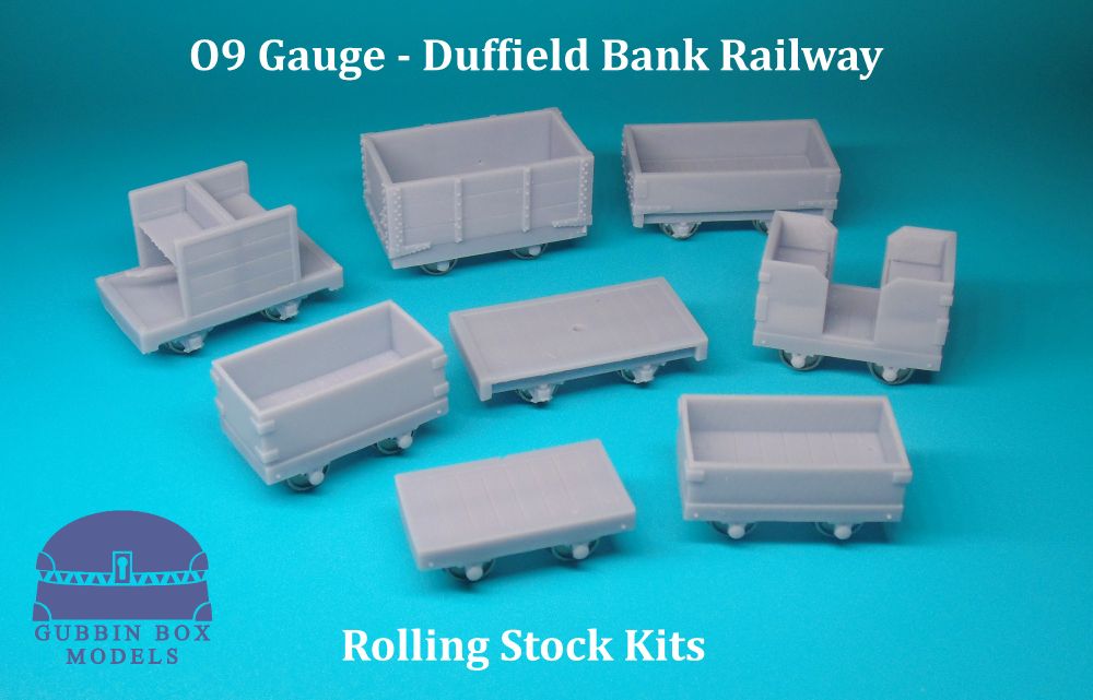 Eight pieces of rolling stock in O9 Gauge (7mm Scale) depicting Duffield Bank Railway stock printed in resin.