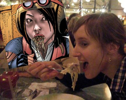 Alt-text: Bad quality photo paired with bad quality traced artwork by Salvador Larocca. Pic of me hunched over a plate of pasta about to shovel in a mouthful of alfredo, on right side. In center-left, over a friend's face I have edited in — in sloppy "graphic design is my passion" fashion — the infamous Larocca artwork from Screaming Citadel, of Aphra eating noodles (lifted almost exactly from a google image search top result at the time)