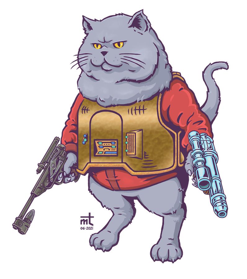 Color artwork by me, @MagnaTolvan. Depicts what is essentially a chonky grey British shorthair cat looking grumpy, wearing chest armor, & standing upright. This Star Wars OC wields two blasters, a DL-18 in his right hand and a Krennic DT-29 in his other. His fur is grey and his armor is gold/bronze with blue and green button details and a scratchy metal finish trim. The armor texture is meant to be like hammered metal, showing shaping dents. He is somewhat anthropomorphized but retains the Star Wars feel of “animal in clothes”