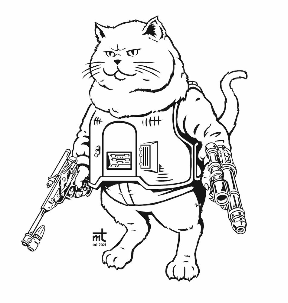 B&W art by me, @MagnaTolvan. Depicts what is essentially a chonky British shorthair cat looking grumpy, wearing chest armor, & standing upright. This Star Wars OC wields two blasters, a DL-18 in his right hand and a Krennic DT-29 in his other. He is somewhat anthropomorphized but retains the Star Wars feel of “animal in clothes”