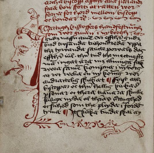 A marginal doodle in red showing a man in a cap with his tongue out and a dog scampering along the margins of AM 22 4to, f. 58v