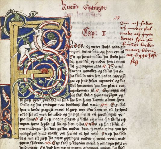A dog leaps through a flourishing capital F that begins a section of the manuscript: AM 342 fol. f. 24r