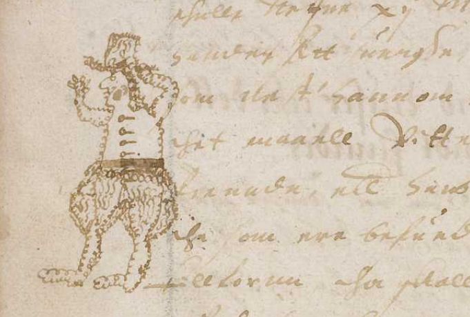 A man in breeches doffs his big hat in the margins of AM 317 fol. f.110v