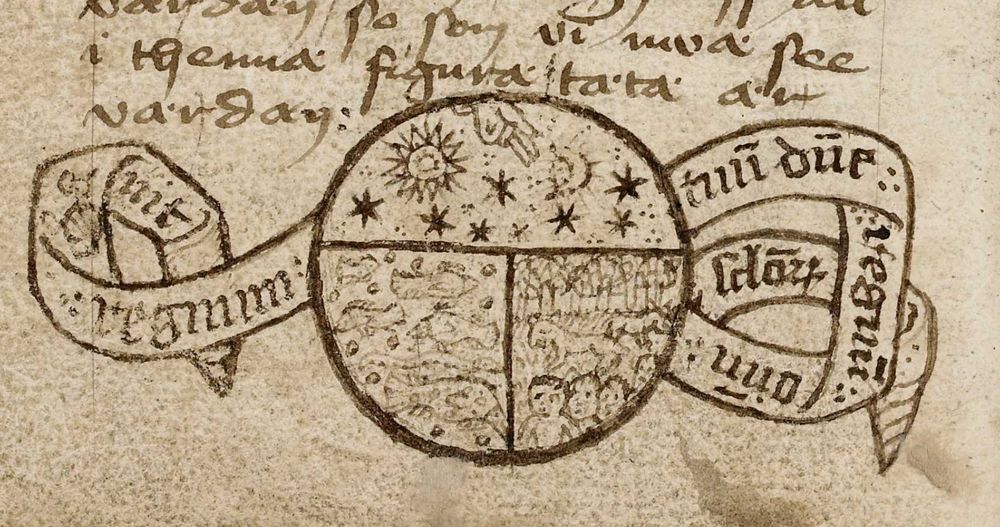 A symbolic picture of the Creation; a circle divided in three with banners of text surrounding it. The upper half depicts the sun, moon and stars; the two lower halves depict the sea with fish and the land with trees, horses and humans, respectively. From AM 76 8vo, f.91v