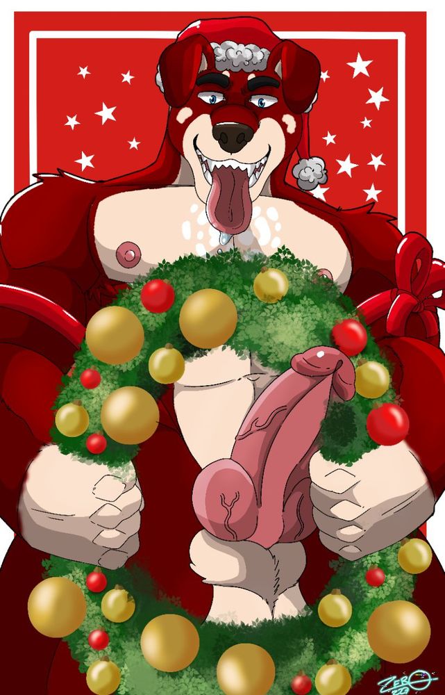 A drooling red furred anthro canine stares directly at you while he slides his pink knotted cock through a festive wreath. His head is adorned in a puffy Christmas Hat and his muscular arms have bows tied around them.