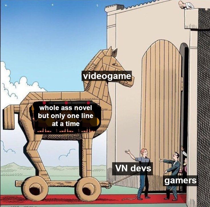 a picture of a man giving a fabulous new giant wooden horse to a group of people in a walled city. A very cool trojan horse! The meme is written over, labelled as:

"VN devs" giving "gamers" a cool new "videogame". But actually, the cool new "videogame" is just a "whole ass novel but only one line at a time" in disguise! Perhaps gamers will learn to love novels.