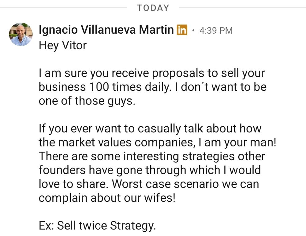 A LinkedIn private message where the sender assumes that offering to complain about our mutual spouses is a decent bonding idea.
