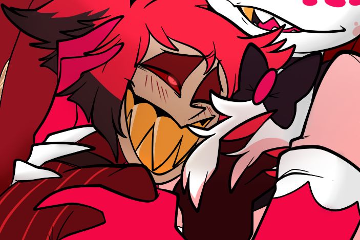 A close up drawing of Alastor and Angeldust with Alastor on top of Angel, his claws are buried in Angel's fluffy bosom and he's looking up at Angel fondly. Angel has one hand buried in Alastor's hair, another on his neck and one more on Alastor's shoulder.