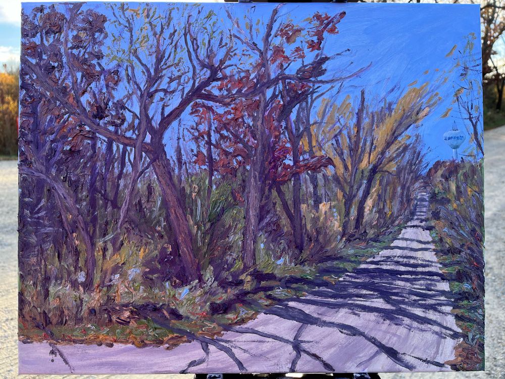 Photo of oil painting- mostly finished. Shadows from trees on a dirt road. Trees, some bare, some with reddish brown leaves, some gold.