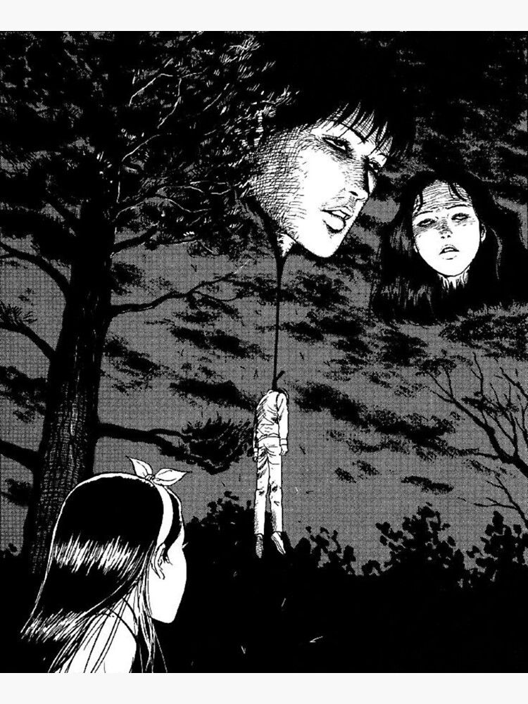 A panel from Junji Ito's horror manga, The Hanging Balloons. It depicts a giant, disturbing balloon-like floating head high above trees with a string at its base pulling along a hanging, headless body. 