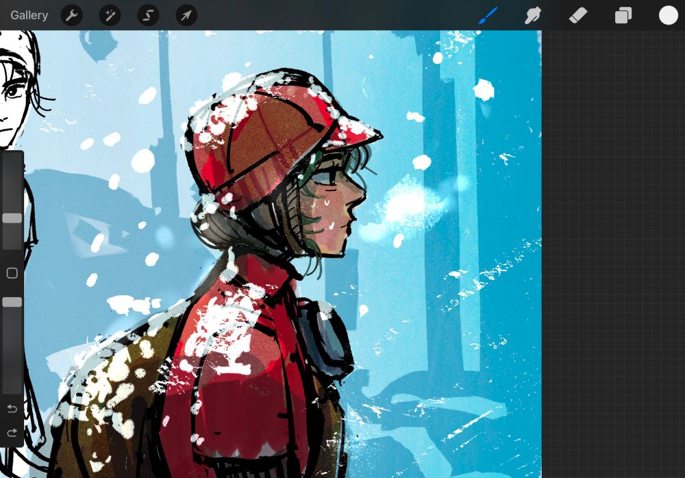 Wip drawing of Wwx from the shoulders up, all bundled up in his winter biking gear and messenger bag on his back. His cheeks are flushed and his breath is visible. Snow has collected on his shoulders hat and bag and falls from the sky around him 
