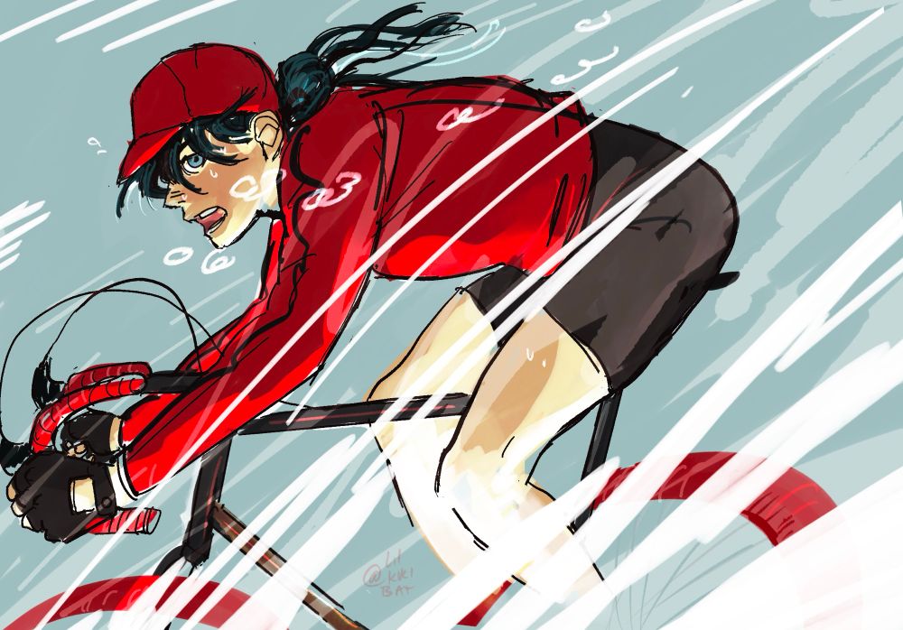 An illustration of Wei wuxian speeding by on his bike, the air is visible and kicked up around him in big waves of white smoke. he is wearing a red jersey, skullcap and gloves,  and panting heavily.