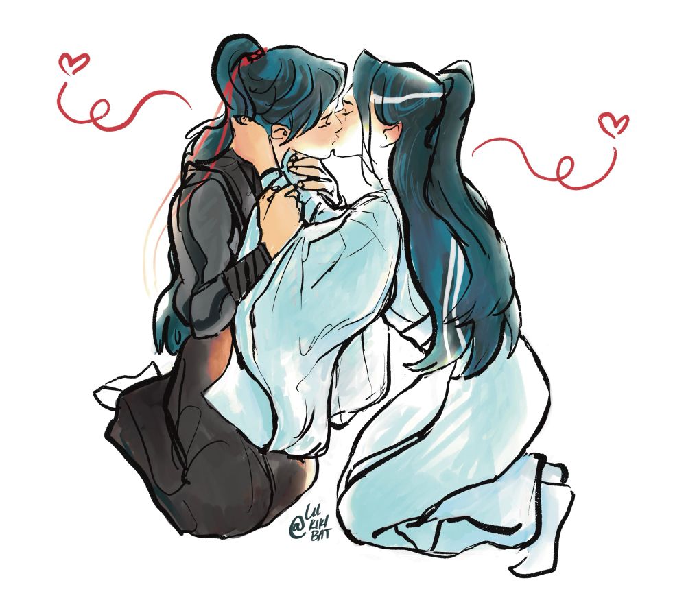 Wangxian kissing while kneeling. Lwj is holding wwx’s face while wwx holds his wrists closer.
There is a soft warm light around them. Also there are cute hearts are drawn in red! 
