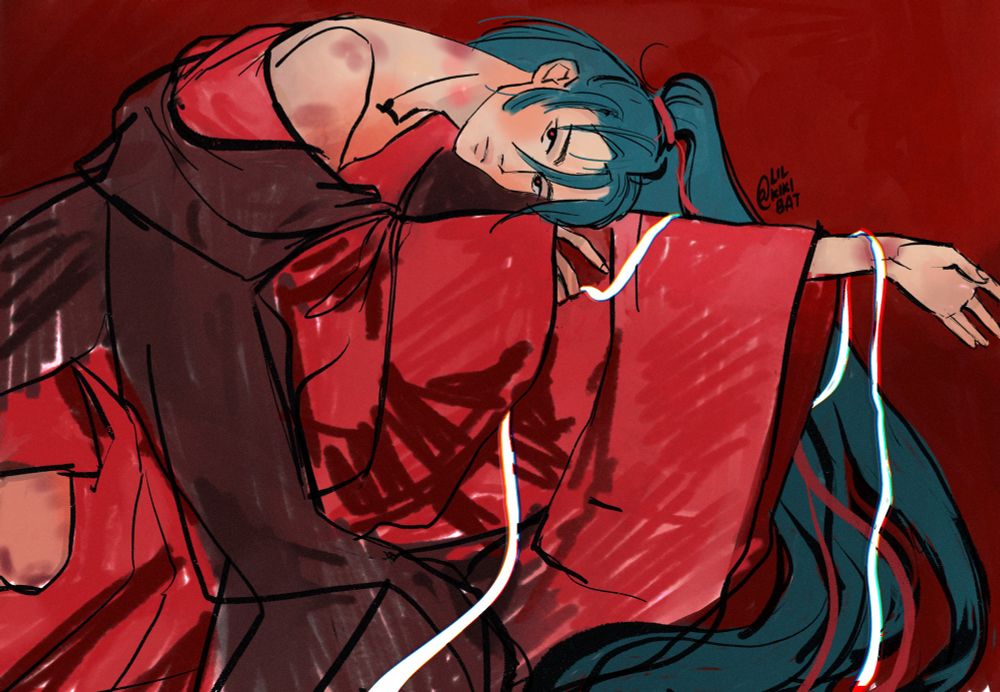 Wei wuxian kneeling in a deconstructed pose, wearing red robes and baring his bruised and bitten shoulders. He is looking at the viewer seductively and holding lan wangji’s ribbon.