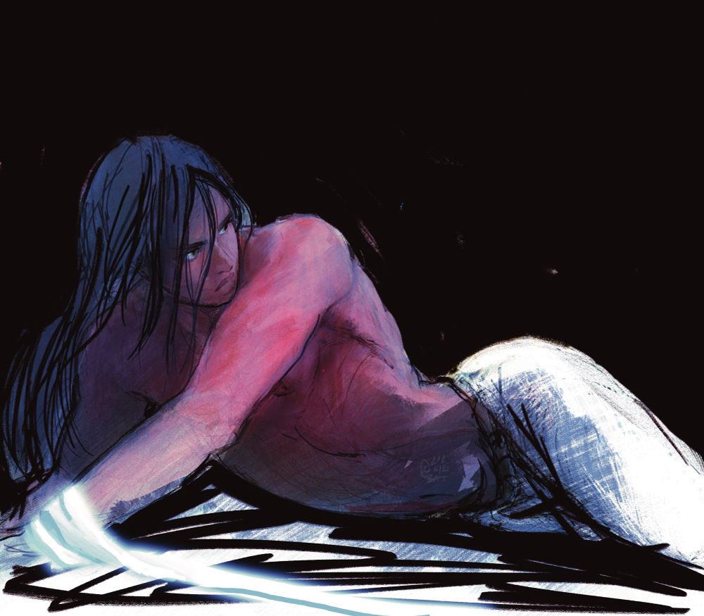Lan Wangji lying on the floor with his ass up, he glares over his shoulder towards the right. His headband is wrapped around his wrist, the white fabric glowing faintly. The atmosphere is intense and black surrounds him. He is shirtless and his skin is rich with color compared to the starkness of his pants and headband. 