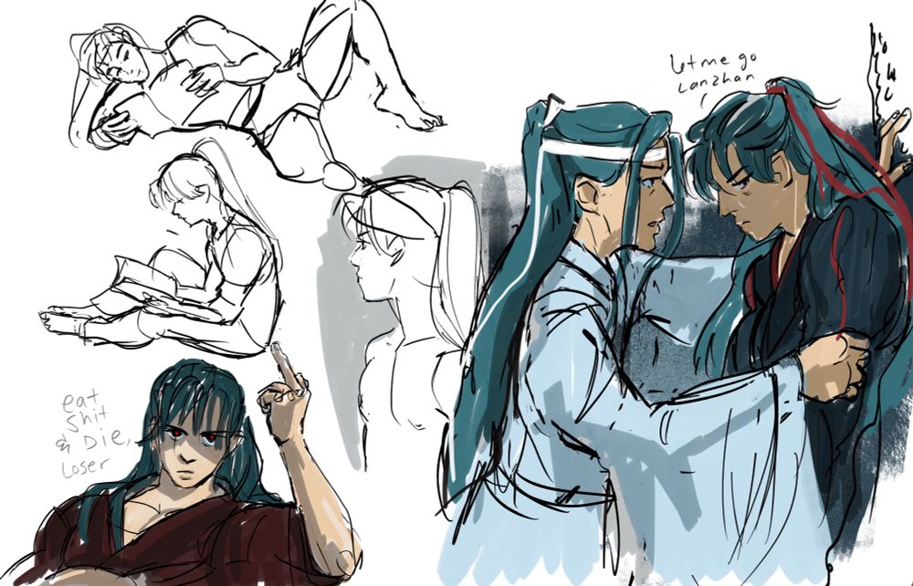 Five sketches of wwx (one with lwj).
Wwx reading while sitting and laying in two of them. Another drawing of a shirtless teen wwx looking away from the viewer. 
The fourth drawing is a mean looking yiling laozu wwx with his chest out and flicking off the viewer text next to hom says “eat shit and die, loser” to jin zixun probably. 
Last drawing is of lan wangji pushing wwx into a tree, a pleading look on his face. Wwx is looking away from him, expression dismayed. 