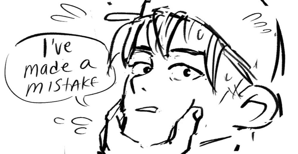 A drawing of biker wwx.someone’s hand is holding his chin and he is looking at the viewer in a panic. The speech bubble reads: “ive made a mistake” 