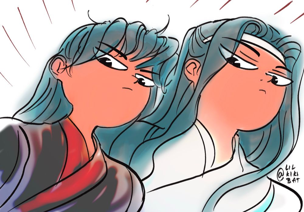 Silly chibi drawing of wangxian from below. The colors are soft and hazy. They look down at you in distain. 