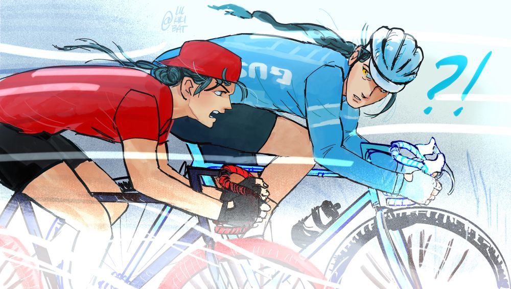 An illustration of wwx and lwj racing each other. Wwx is sneaking up to overtake lwj, who looks startled to see him. Wwx is in all red and is riding his black and red bike. Lwj is in all blue and riding his blue and white bike. The mood is intense and the wind rushes by them in visible strokes. 