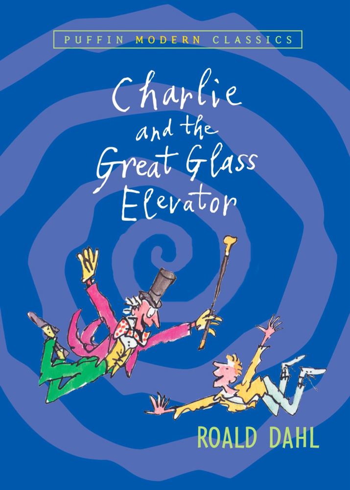 Image of the book cover of Charlie and the Great Glass Elevator by Roald Dahl, showing Willie Wonka and Charlie floating in a trippy lilac and blue swirl