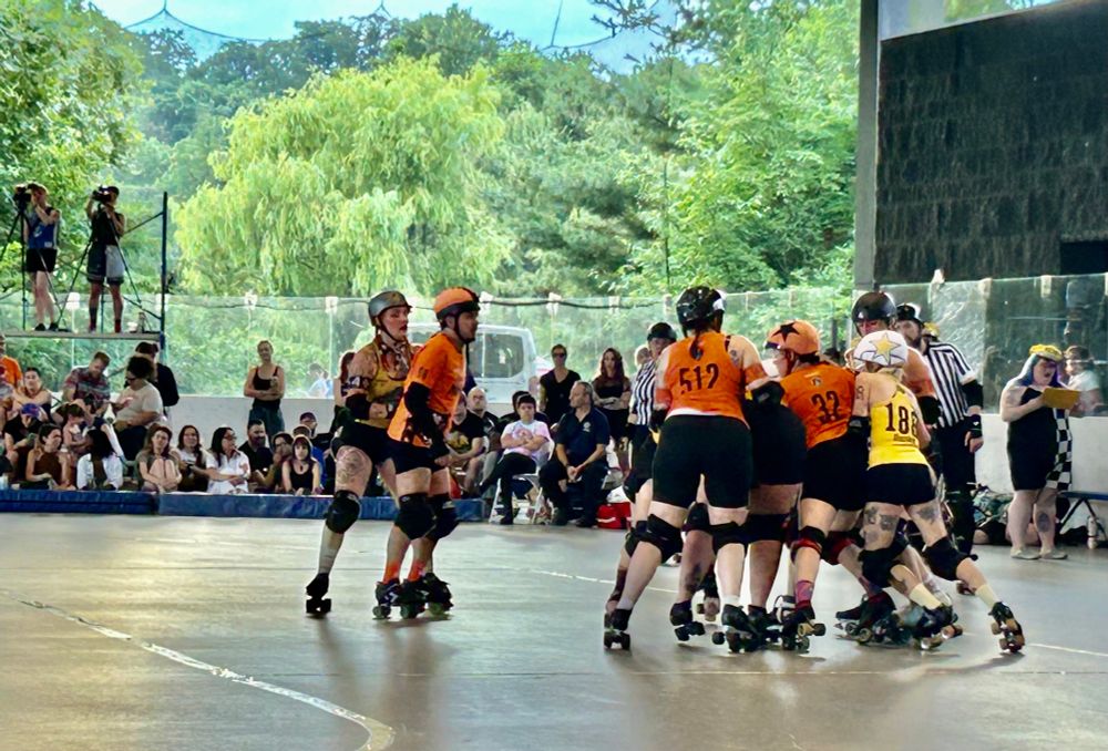 Roller derby players in action at LeFrak Center at Lakeside in Prospect Park in Brooklyn