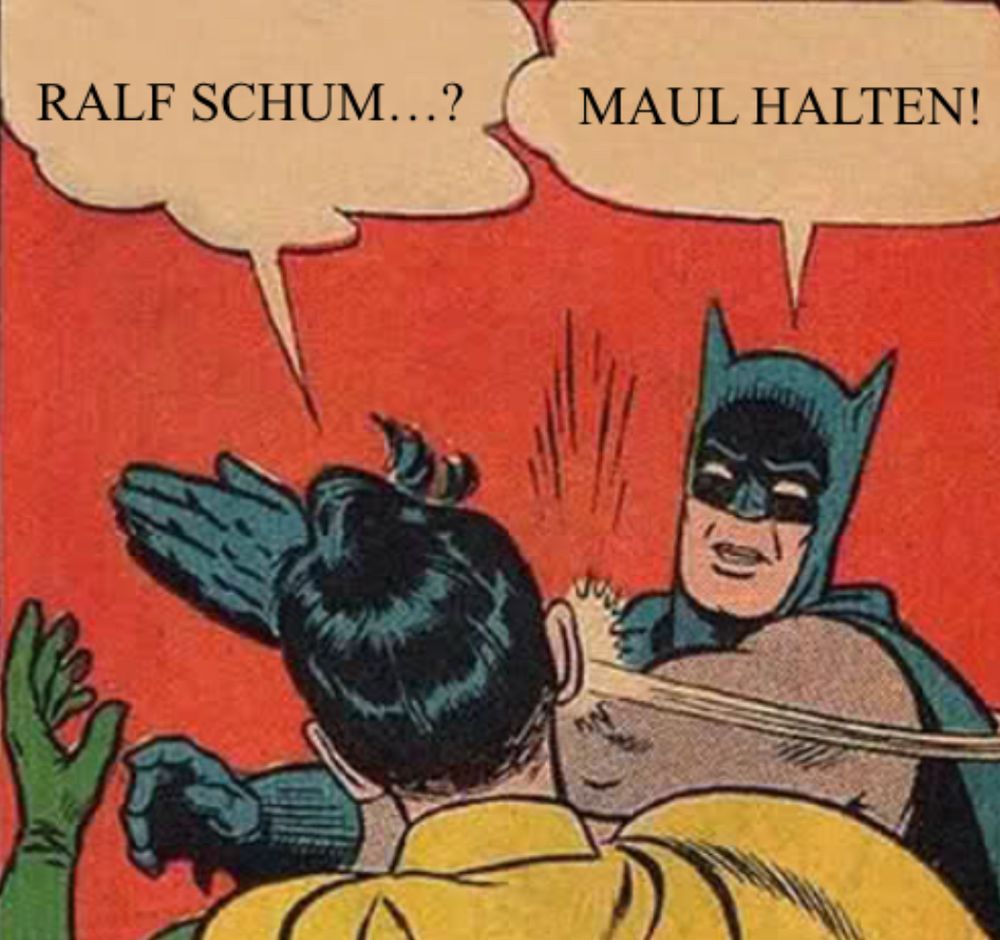 Batman-Robin Meme. Robin kriegt eine geschallert, als er „Ralf Schumacher“ fragen will. Batman sagt  „Halts Maul“ 