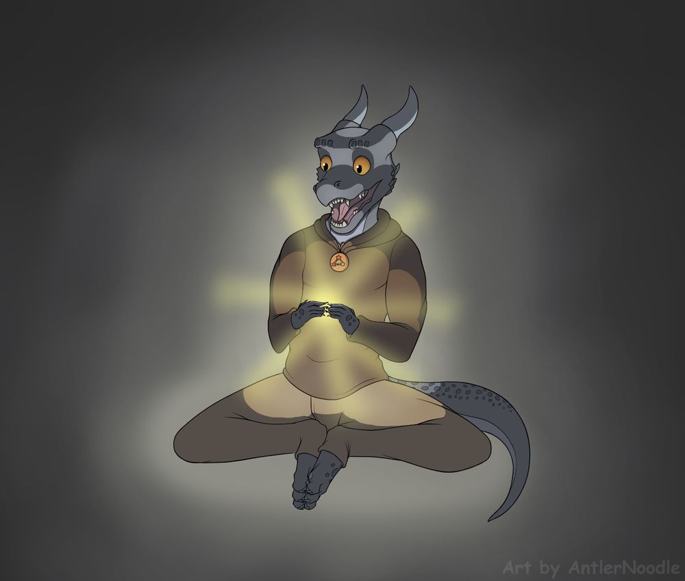 Shaded drawing of a kobold excitedly looking at their hands, which are holding around a glowing magic light source