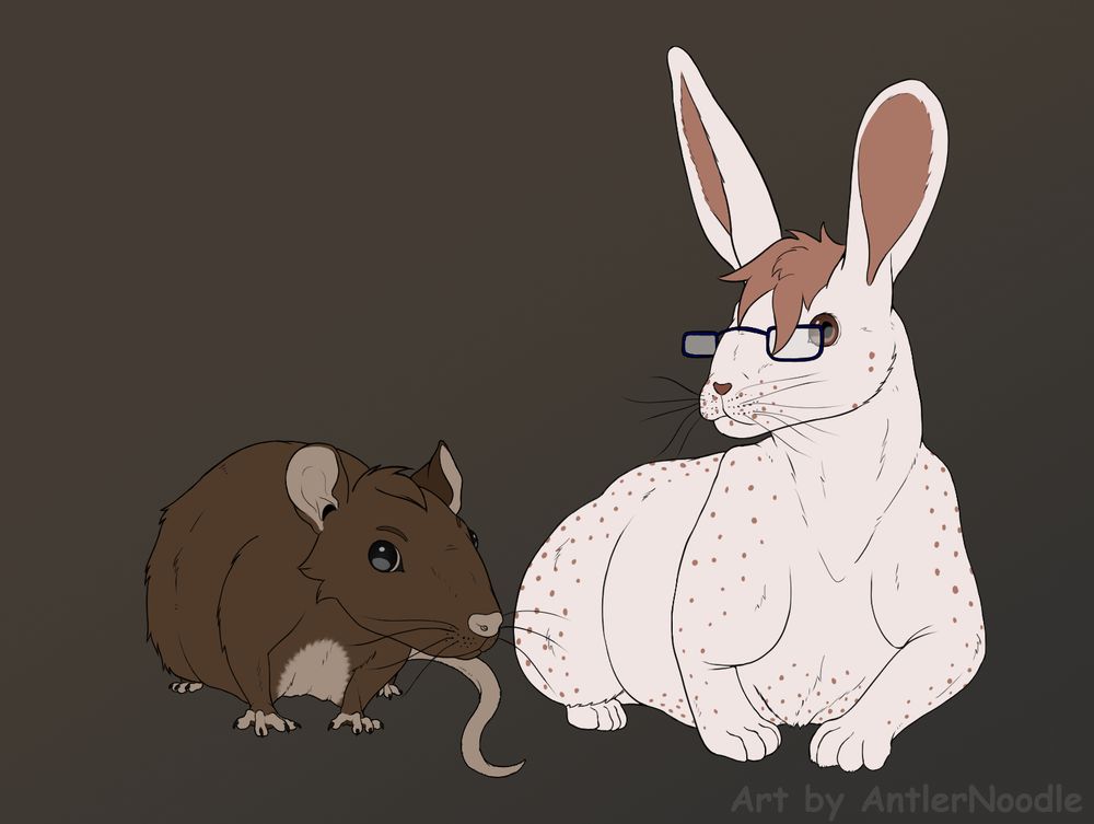 Drawing of a feral rat and rabbit, looking like Ribbon's Vire and Cass. Cass is wearing blue square glasses