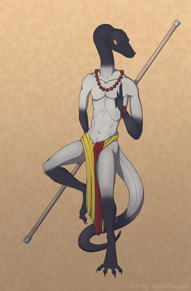 Shaded drawing of Yoru, a pale snake man with dark grey on half his legs, arms, tail and head. He is standing in a pose with one leg raised, holding up a hand with two raised fingers and holding a staff behind his back. He is wearing prayer beads around his left wrist and neck and a curled up buddhist monk robe around his waist, concealing his crotch