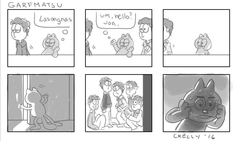 6 panel comic of Garfield interacting with Jon, only to discover there are 5 other copies of Jon