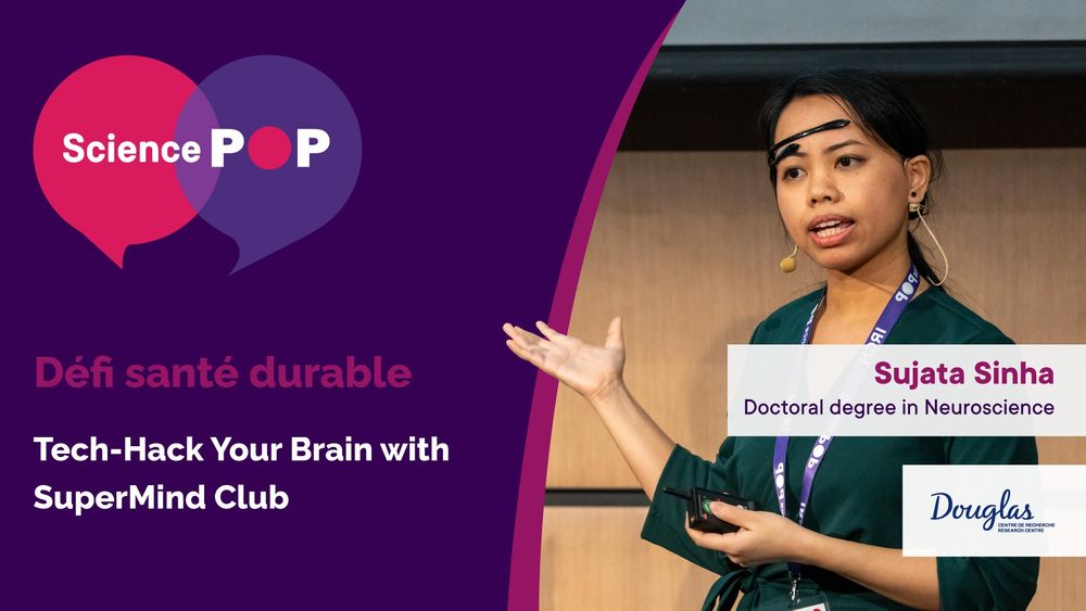 À l’occasion de la Semaine de la santé mentale, nous vous invitons à découvrir la présentation de Sujata Sinha, finaliste du Défi santé durable du concours Science POP 2024. Elle y présente le SuperMind Club, une initiative qu’elle a cofondée au sein de la startup montréalaise RAINLAB. Ce projet vise à sensibiliser le public à l’usage des neurotechnologies pour promouvoir la santé, en particulier la santé mentale.
👉 Regardez la présentation (en anglais) : https://bit.ly/3Z52D7X
----
In celebration of Mental Health Week, we invite you to discover the presentation by Sujata Sinha, a finalist in the Sustainable Health Challenge of the Science POP 2024 competition. She presents the SuperMind Club, an initiative she co-founded within the Montreal startup RAINLAB. This project aims to raise public awareness about the use of neurotechnologies to promote health, particularly mental health.
👉 Watch the presentation: https://bit.ly/3Z52D7X

#sciencepop #vulgarisationscientifique #Sciencepopularization #communicationscientifique #communautéfrq #SemaineDeLaSantéMentale #centrederecherchedouglas 
Le concours est rendu possible grâce au soutien du Fonds de recherche du Québec (FRQ), du programme NovaScience du ministère de l'Économie, de l'Innovation et de l'Énergie et de la Fondation de l'IRCM.