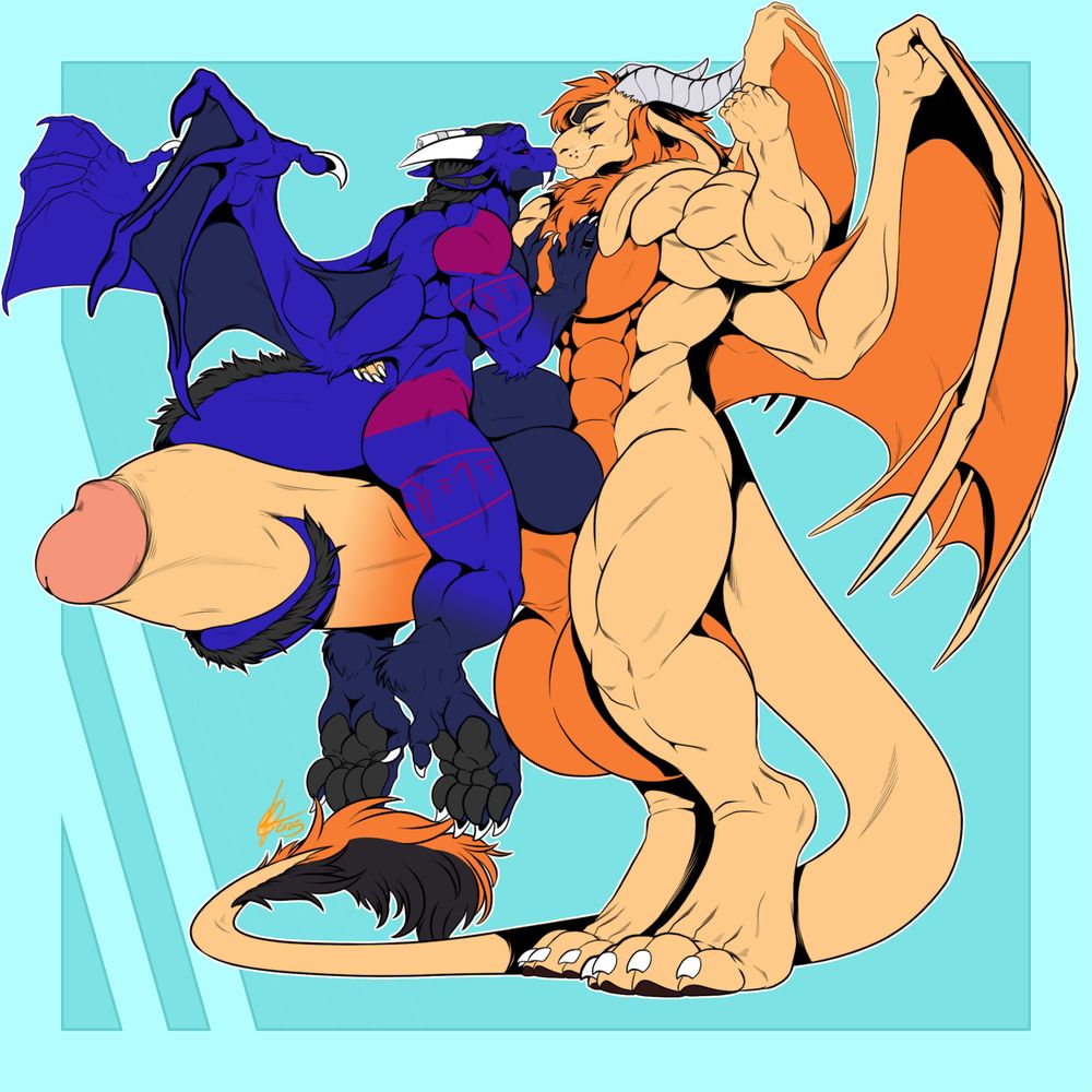 Golden, a very large and muscular tan-and-orange bunny-dragon hybrid, is standing and flexing one arm. Perched on his hyper cock is Acadiel, a blue-and-indigo dragon with magenta markings and a broken horn. Acadiel is caressing Golden's chest and curling his tail around Golden's dick. The two are bumping noses lovingly, and there is a strong implication Acadiel has just grown Golden to this size. Golden is also holding one hand at Acadiel's back, pulling the dragon closer.