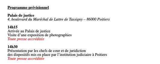 Programme prévisionnel d'un déplacement du Garde des Sceaux à Poitiers pendant laquelle il va visiter une exposition de photos en 15min