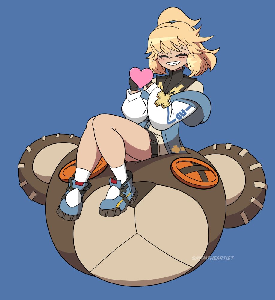 Bridget smiling while sitting on Roger's head. A heart is covering her hands.