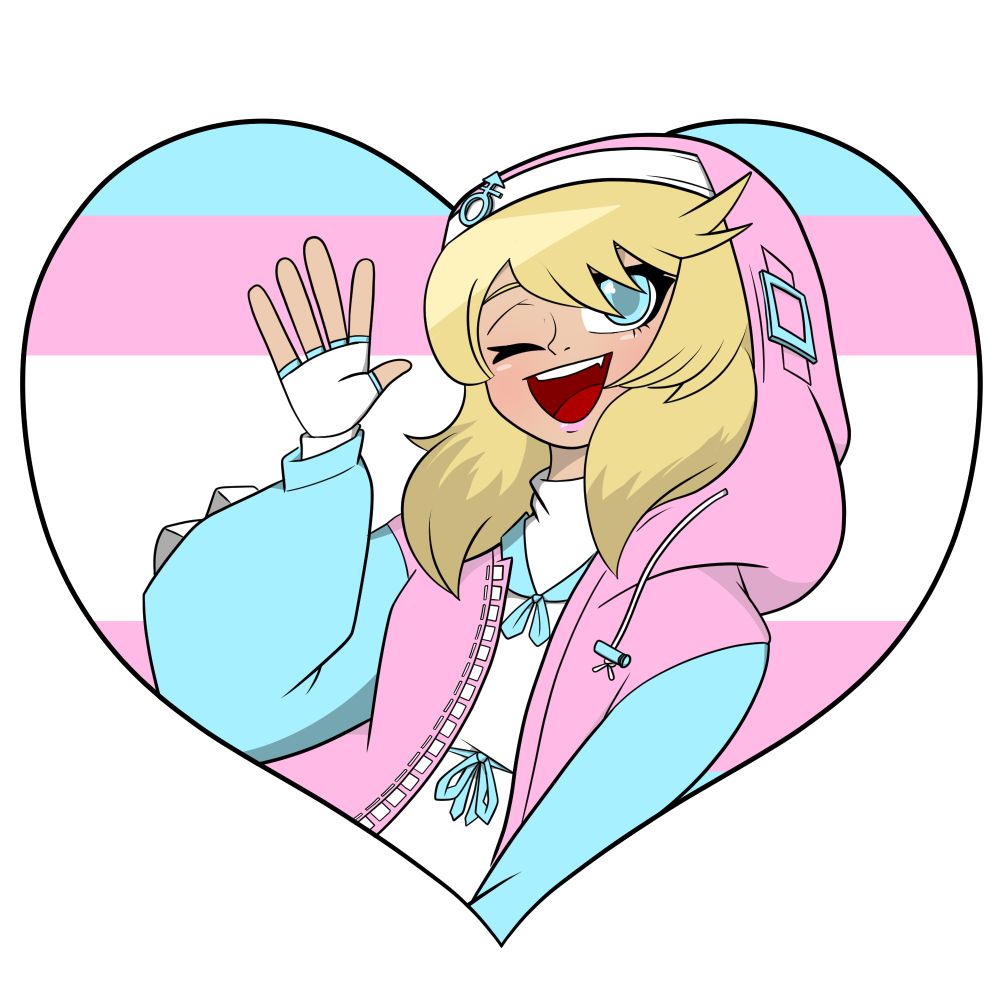 Bridget smiling while standing in a heart with the transgender flag colors.